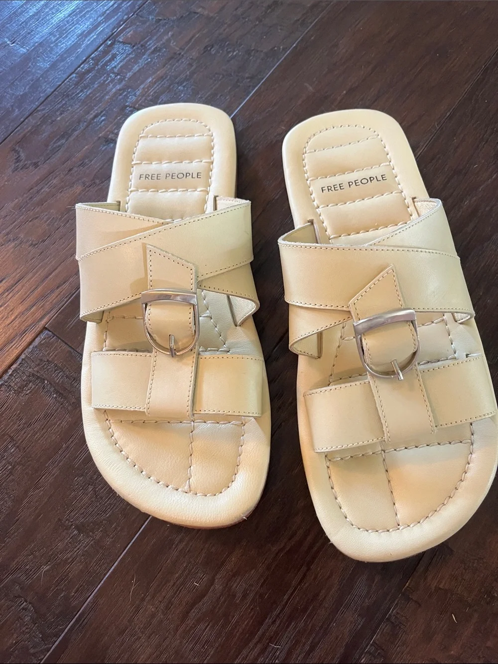 Free People Beige Leather Buckle Slide Sandals